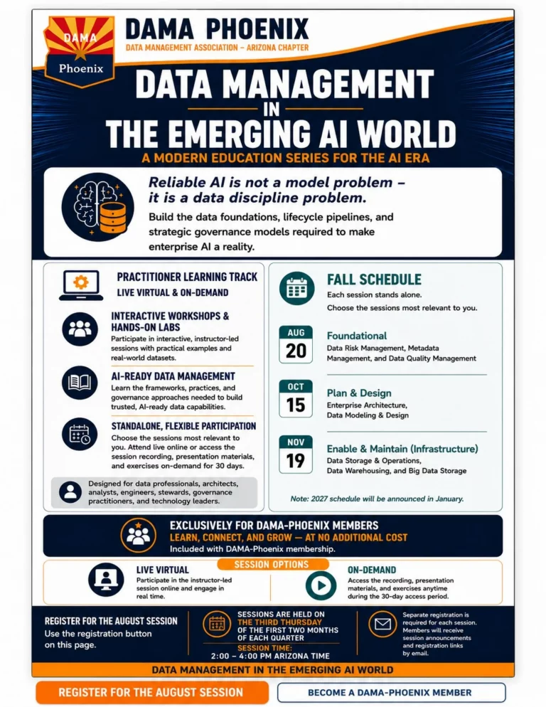 DAMA Phoenix Fall 2026 Interactive Workshop & Hands-On Lab Series flyer for Data Management in the Emerging AI World.